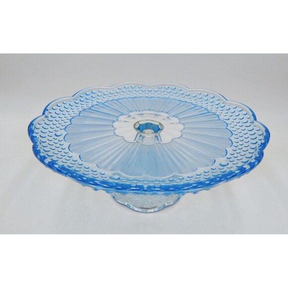 Gorham Emily's Attic Blue Hobnail Cake Plate Stand 11 Inch Scalloped Rim Box - Picture 3 of 8